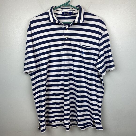 Polo Ralph Lauren Shirt Mens Large Blue White Striped Classic Fit‎ Pocket Pony - Picture 1 of 10